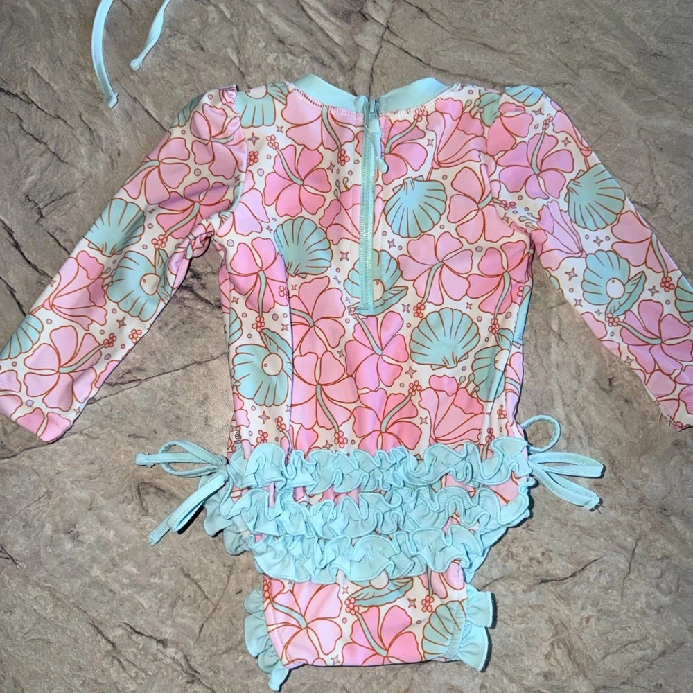 Caden Lane Pink & Mint Seashell Rashguard Swimsuit with Sun Hat